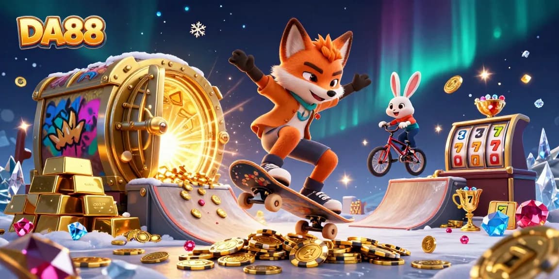 Unleash thrilling DA88 slots action with a fox and rabbit surrounded by gold and gems.