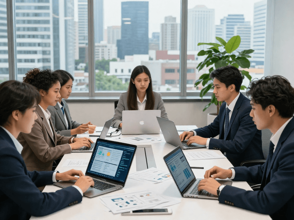Öffentliche und gemeinnützige Einrichtungen Kommunen: Team in modernem Büro diskutiert Datenschutz und Barrierefreiheit.