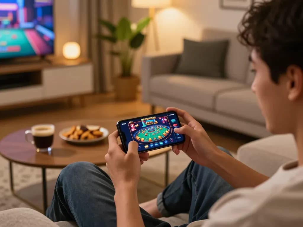 Engaging with the 98win app for online gaming on a smartphone in a cozy home setting.