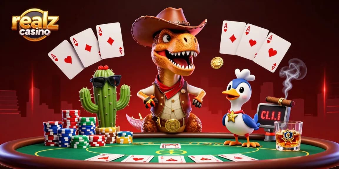 Engage in winning strategies at realz casino with a lively poker scene featuring colorful chips and characters.