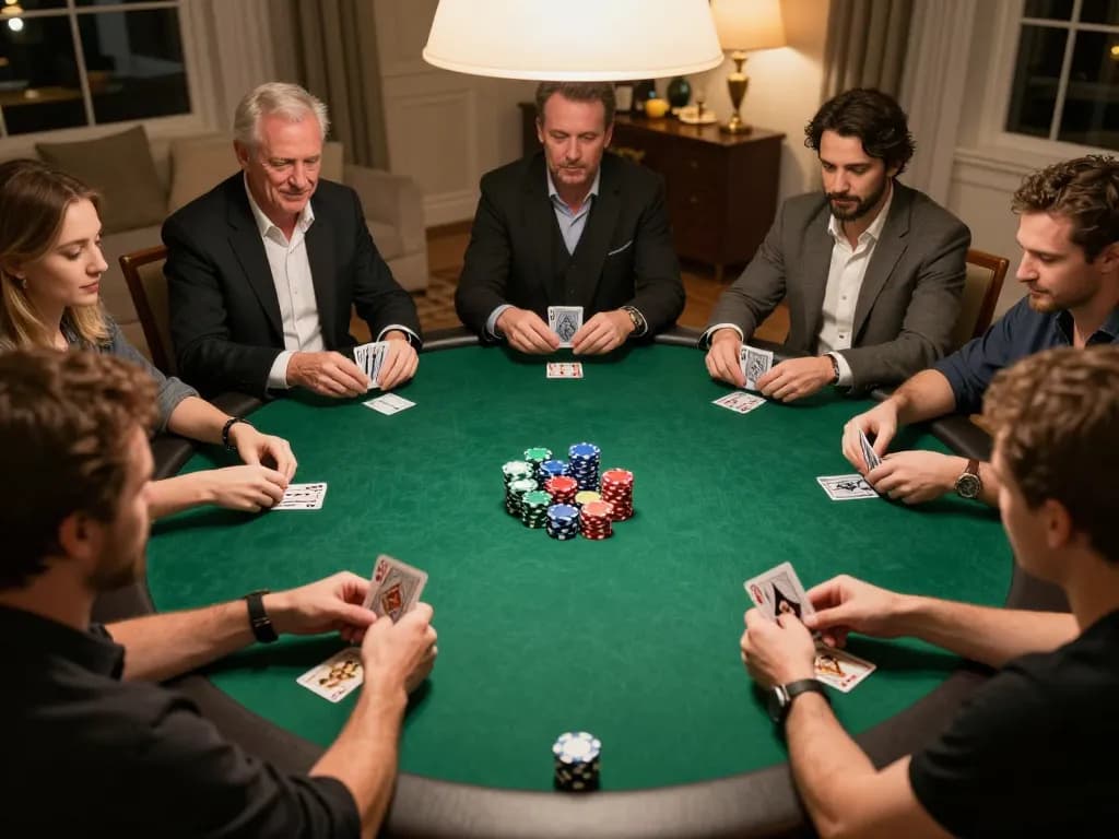 Players strategizing at home poker with vipwin.com, showcasing colorful chips and cards.