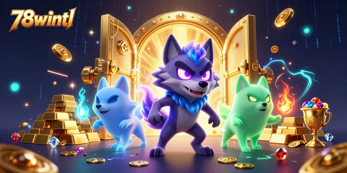 Experience the thrill of gaming at 78wintl with vibrant 3D wolves amidst treasures and jackpots.