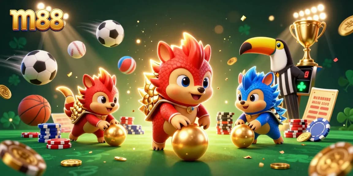 Experience thrilling gameplay at m88 with dynamic pangolins, poker chips, and sports elements.