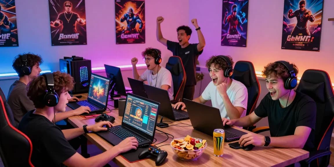 Excited players enjoying multiplayer gaming at https://gemwin.pics/ in colorful LED-lit room with snacks and devices.