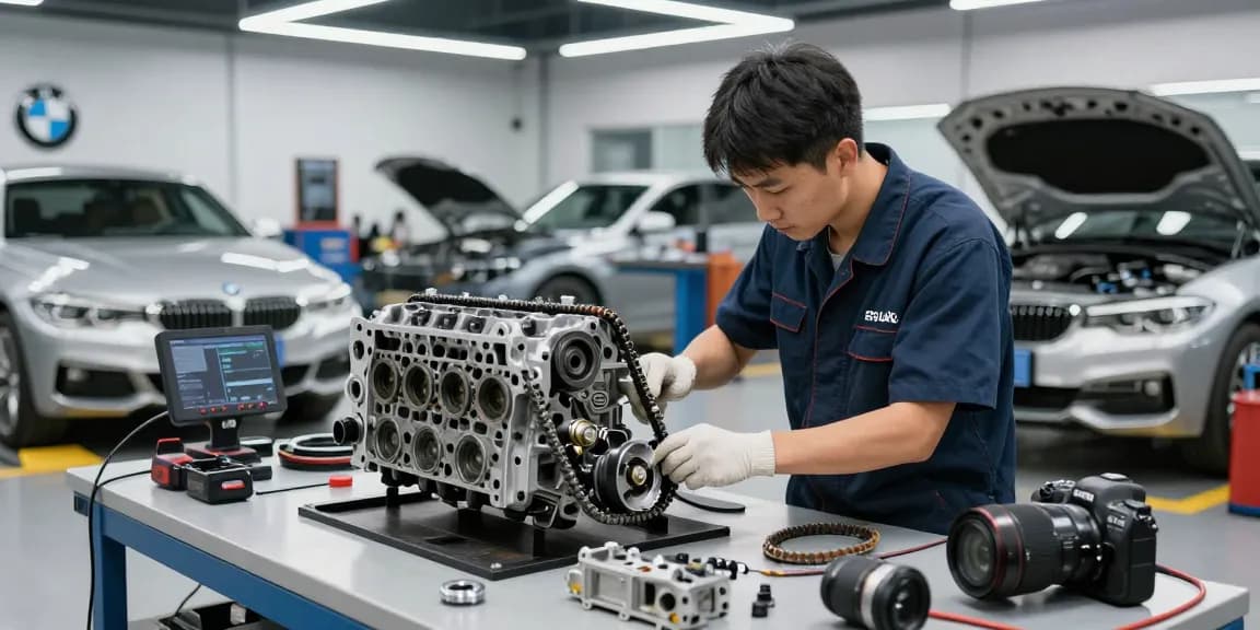 BMW Spezialisten führen professionelle Motordiagnosen in einer gut ausgestatteten Werkstatt durch.