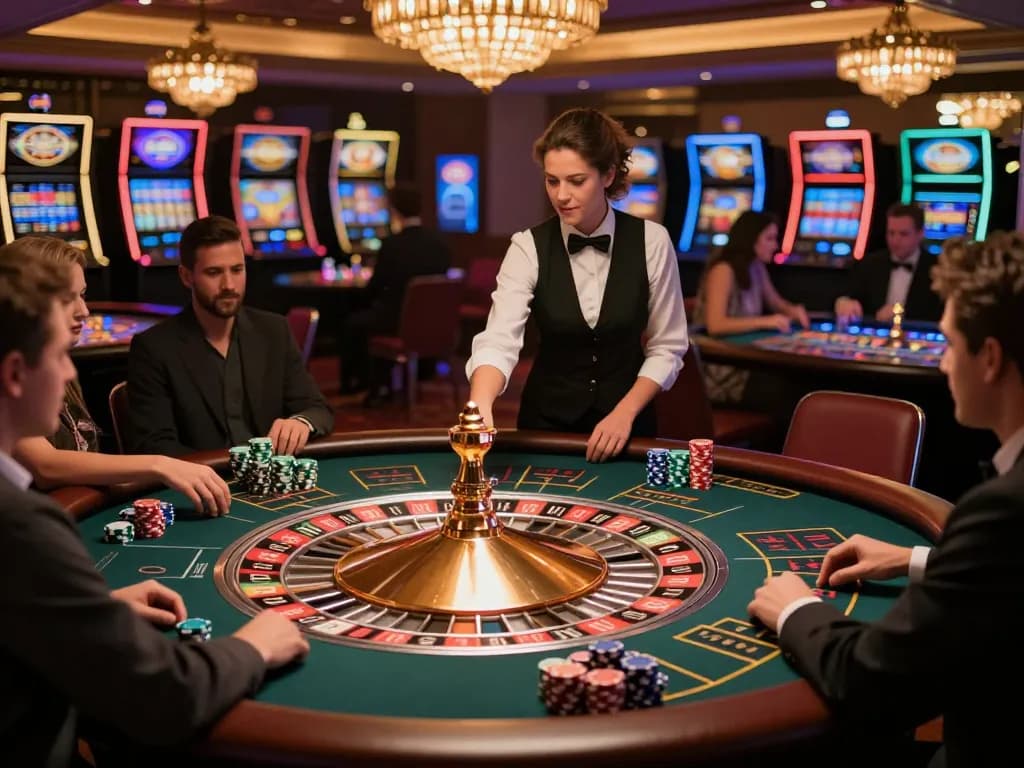 Engaging roulette gameplay featuring f168 players placing bets at an upscale casino.