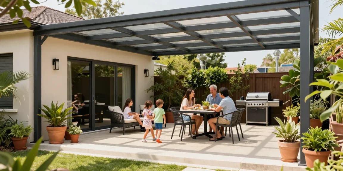 Moderne Terrassenüberdachung, Familienzeit im Freien, stilvoller Gartenbereich