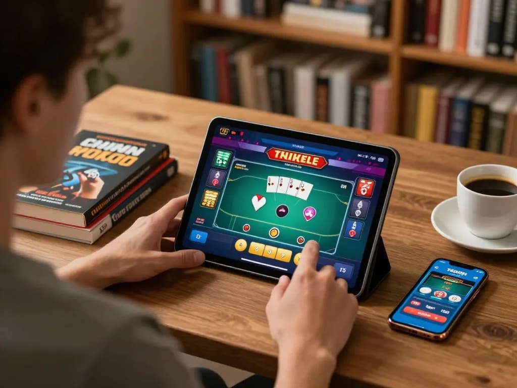 Engaging scene showcasing a user analyzing poker strategies through a KI Detektor deutsch application on a tablet in a cozy home environment.