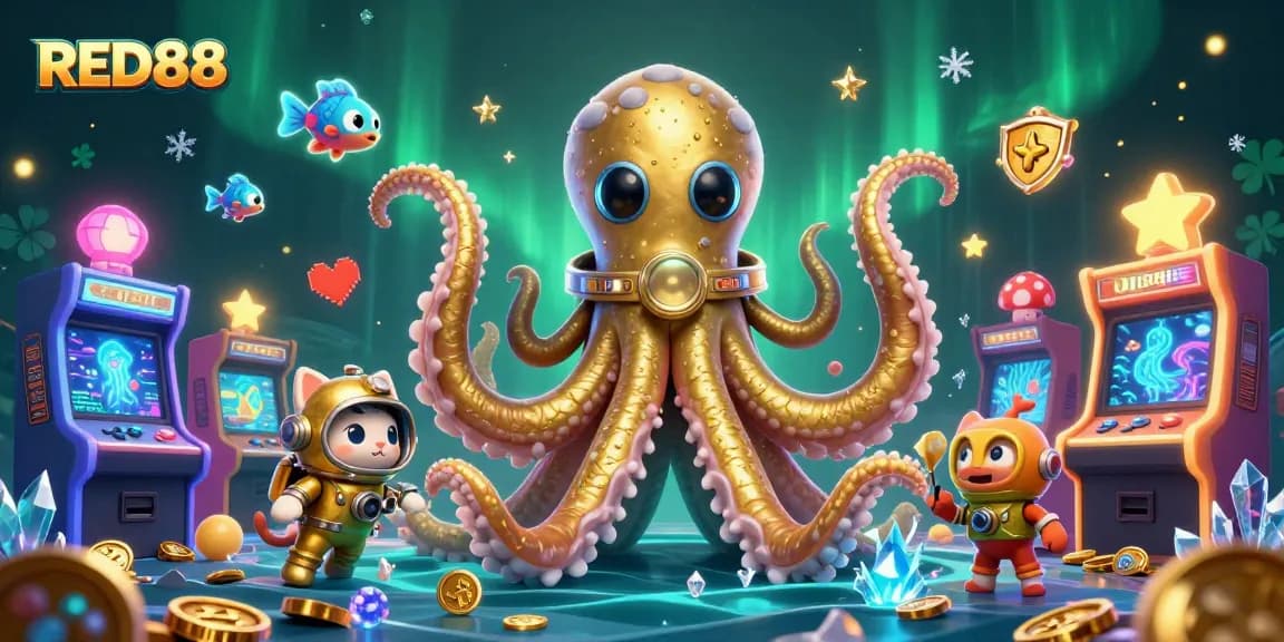 Play exciting games at RED88 with a treasure-filled ocean scene featuring colorful arcade elements.