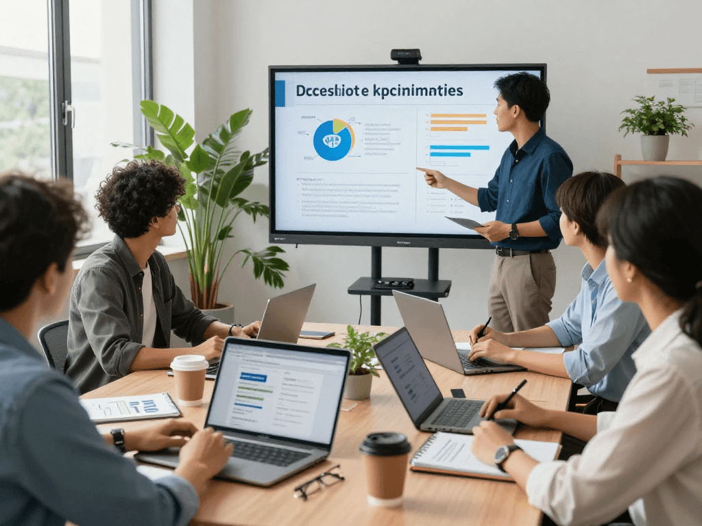 Engaged team discussing data protection and digital accessibility for öffentliche und gemeinnützige Einrichtungen Kommunen in a modern office.