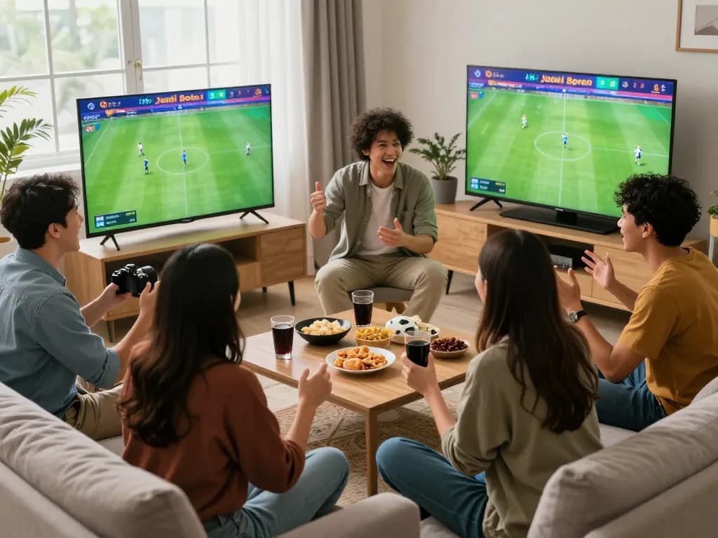 Excited friends enjoying Judi Bola football betting in a cozy living room.