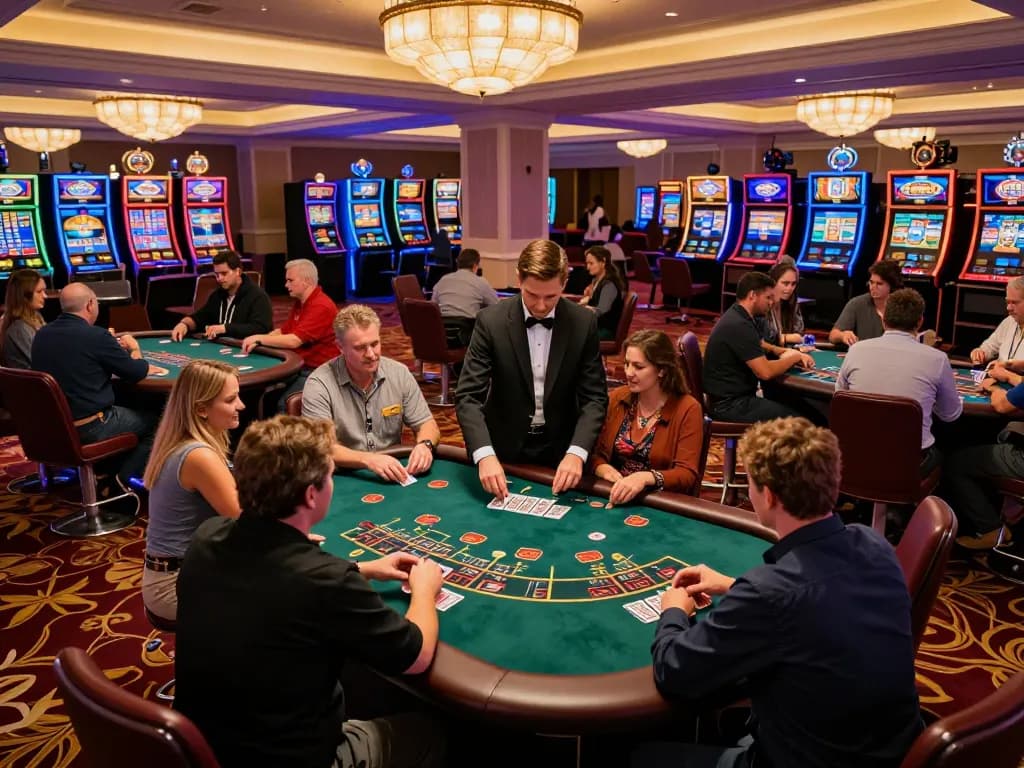 Players engaging in a lively blackjack game at a sophisticated casino floor with ambient lighting, showcasing DA88's thrilling gaming atmosphere.