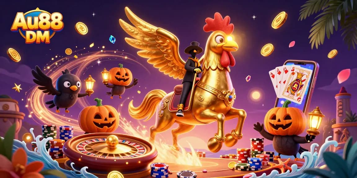 Experience winning thrills at Au88 DM in this lively casino illustration with gold coins and exciting games.