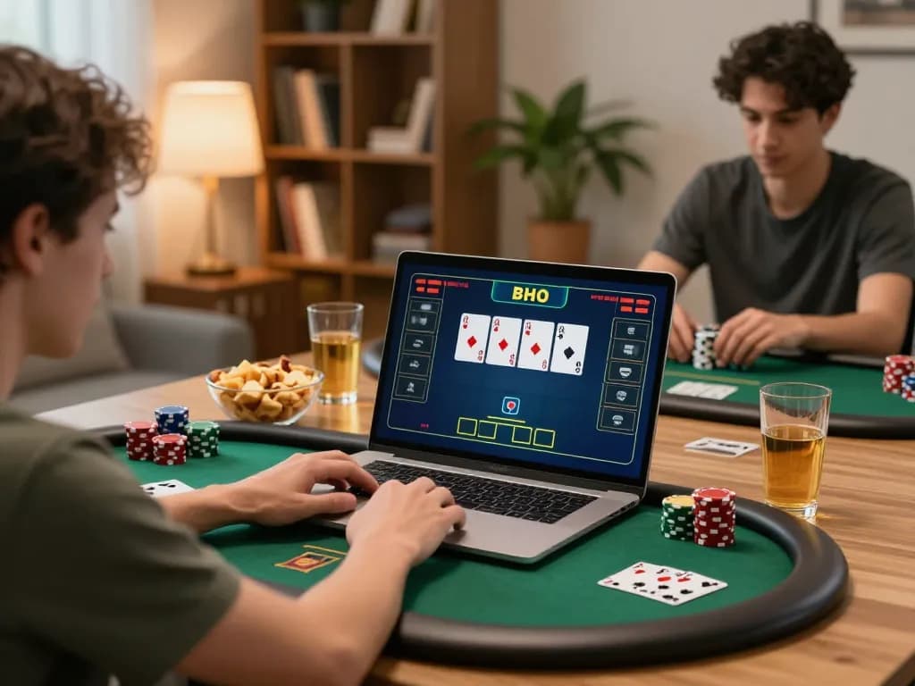 Players enjoying an LC88 online poker game on laptop with a cozy ambiance.