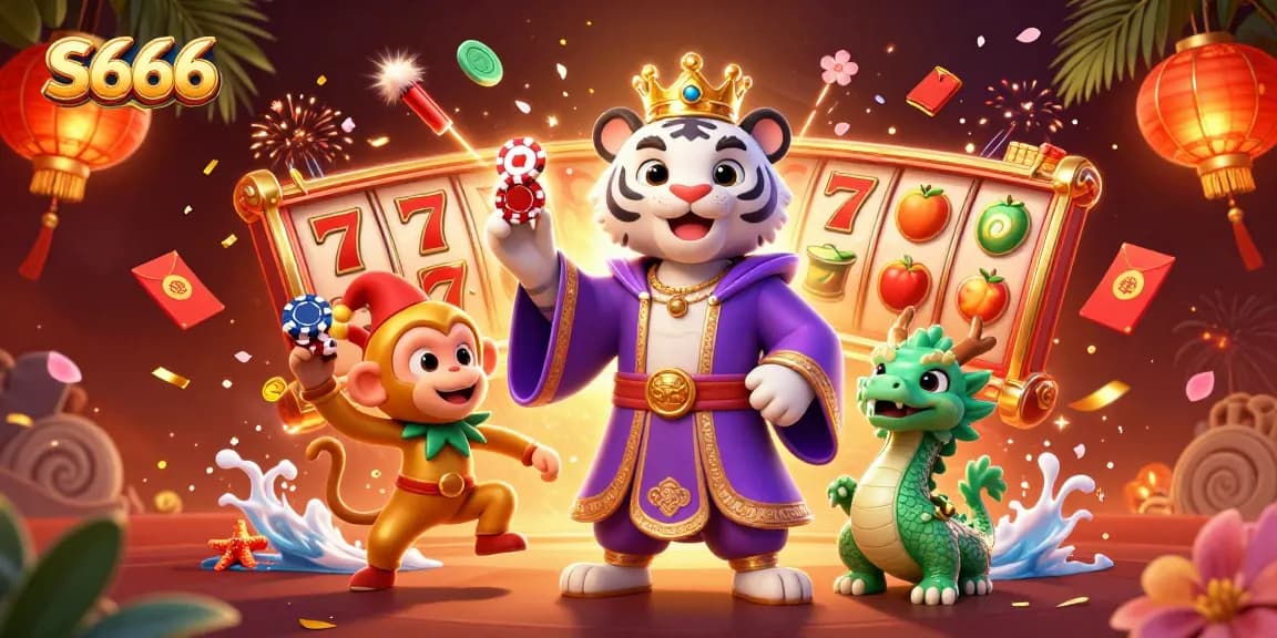 S666 slot gaming scene featuring a regal white tiger and playful monkey among vibrant casino elements.