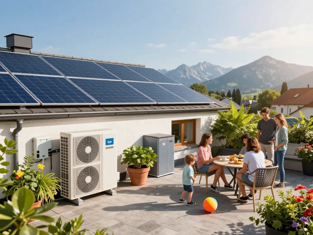 Photovoltaik Bayern Installation auf einem Dach mit einer Familie, die das grüne Leben genießt.