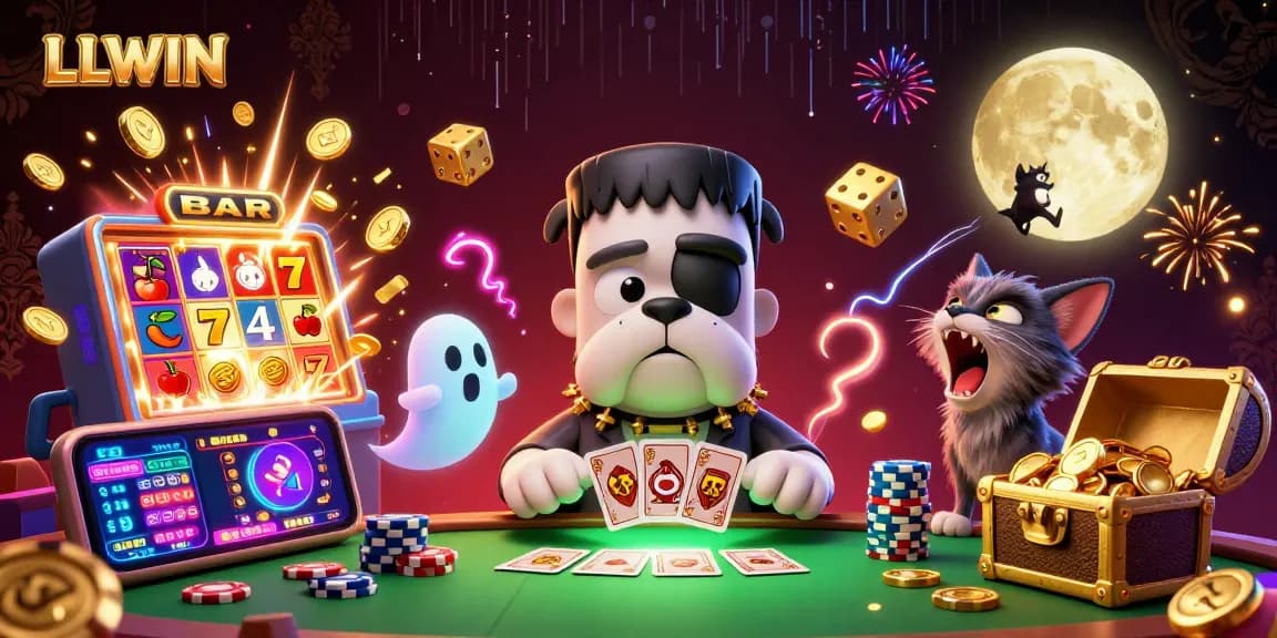 LLWIN gambling scene featuring a Frankenstein bulldog dealing cards at a neon-lit table amid a jackpot explosion.