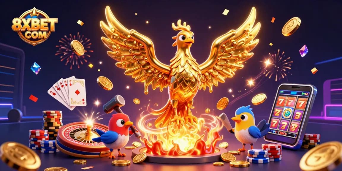 Experience excitement with 8XBET COM at a vibrant casino scene featuring a golden phoenix and dynamic gaming elements.