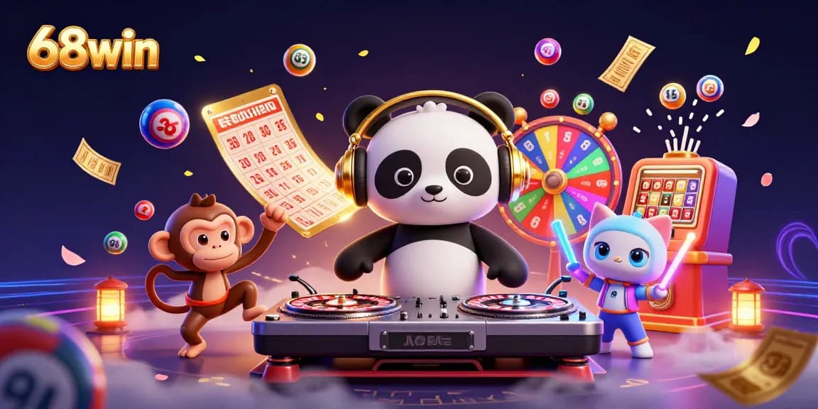 Win big with 68win in this vibrant casino-themed illustration full of excitement and color.