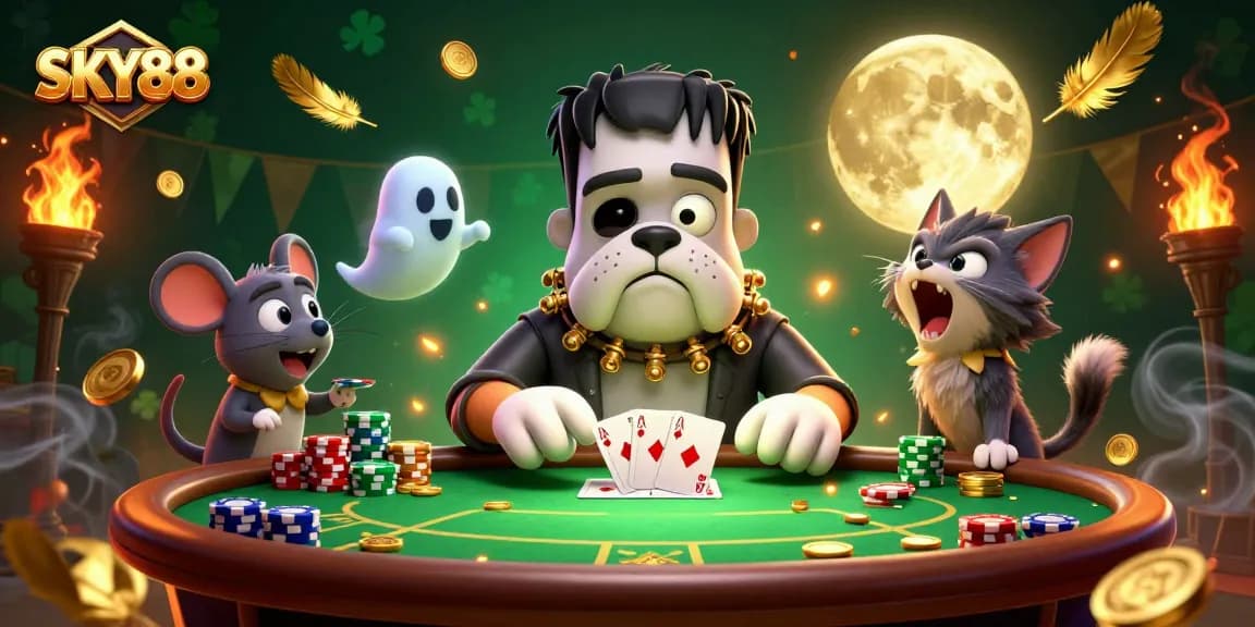 SKY88 players enjoy an exciting poker game with a Frankenstein bulldog and whimsical characters.