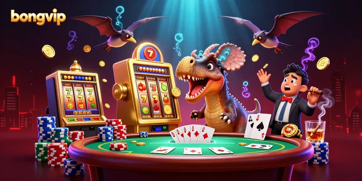 Bongvip showcases an exciting illustration with a dinosaur and slot machine, symbolizing the thrill of online gaming.