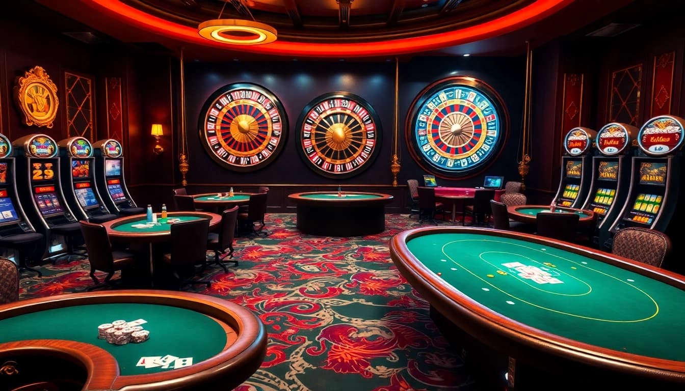 Players enjoying dynamic casino games at UU88 with vibrant poker tables and slot machines.