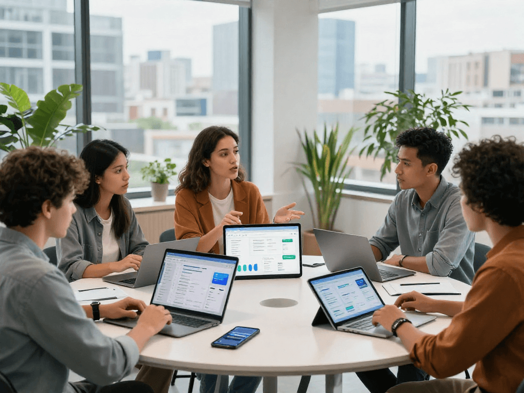 Team collaboration on digital finance solutions at a modern workspace for debet.