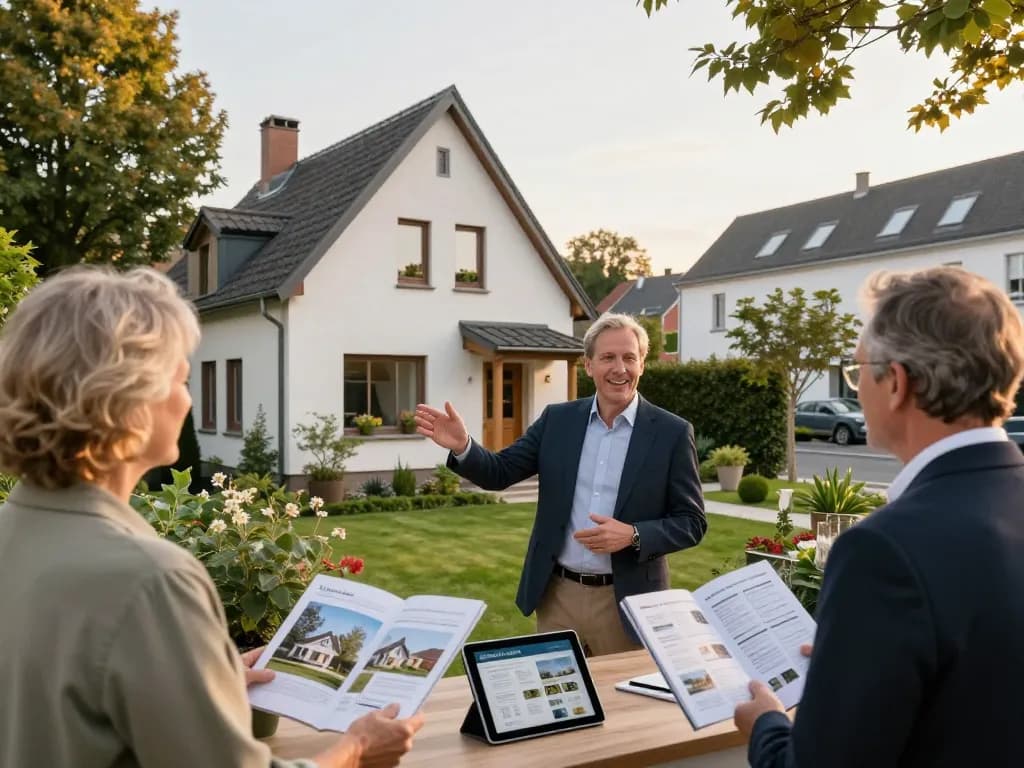Immobilienmakler Frankfurt Eckenheim, der ein charmantes Familienhaus präsentiert und Kunden in einem Wohnumfeld anspricht.