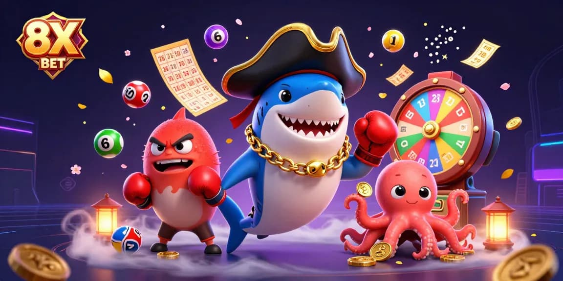 Experience the excitement of 8X BET with lively casino characters in action, featuring games and vibrant elements.