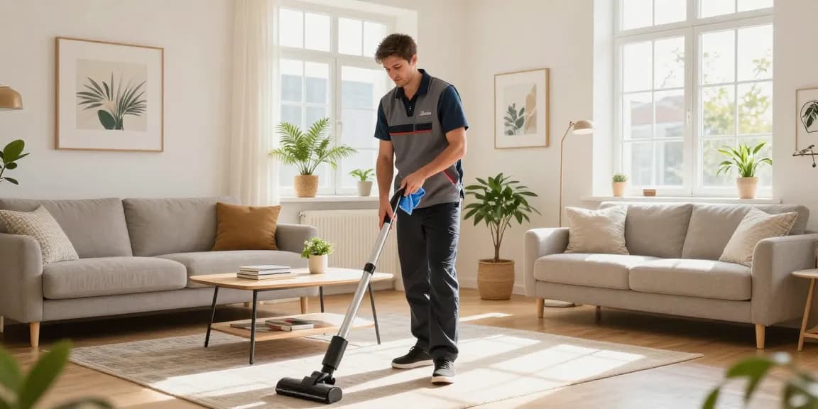 Expert cleaner demonstrating wohnungsreinigung bern in a stylish living room.