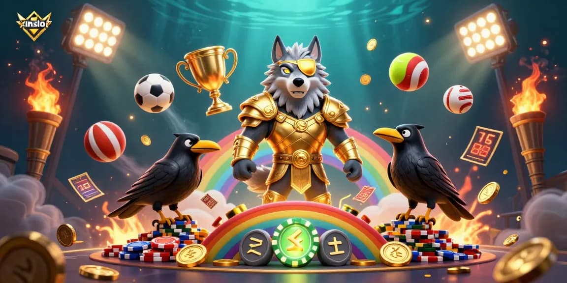 xinslot unleashes thrilling casino excitement with Odin and his ravens beneath a vibrant rainbow bridge.