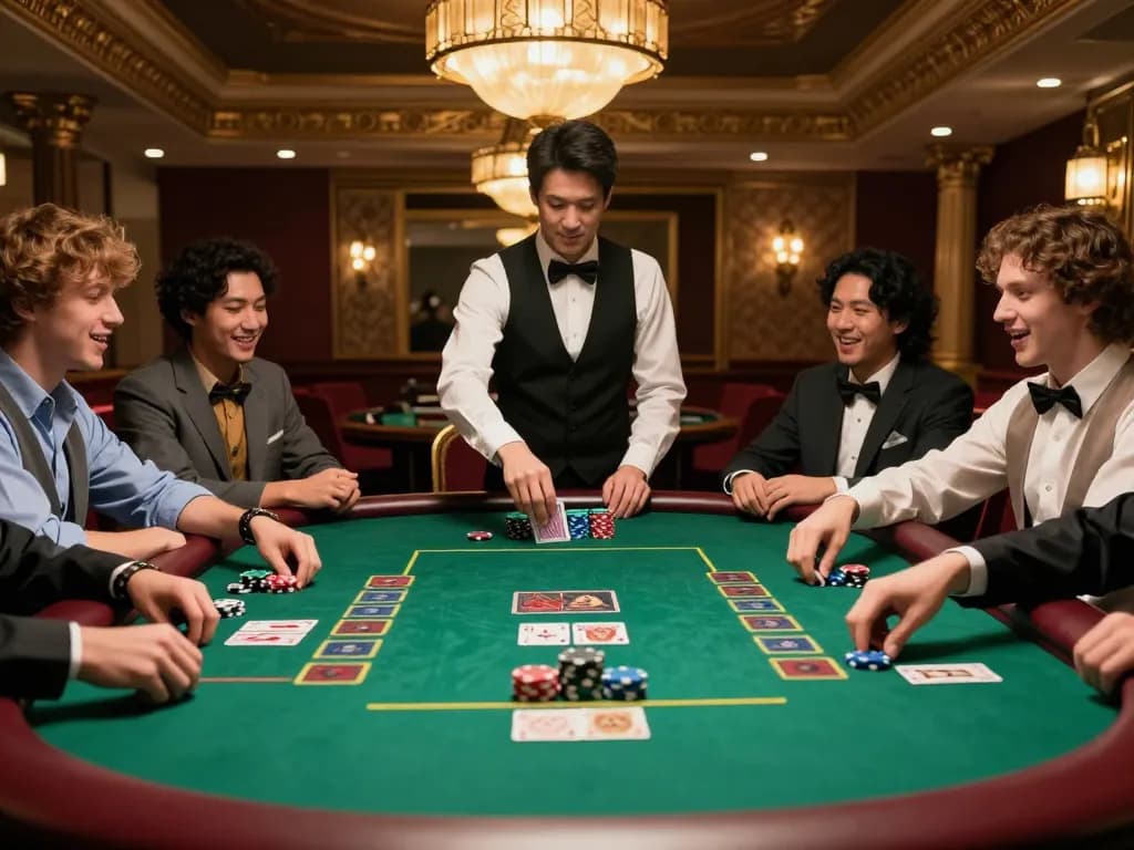 F168 poker game with players strategizing and a dealer shuffling cards in an upscale casino.