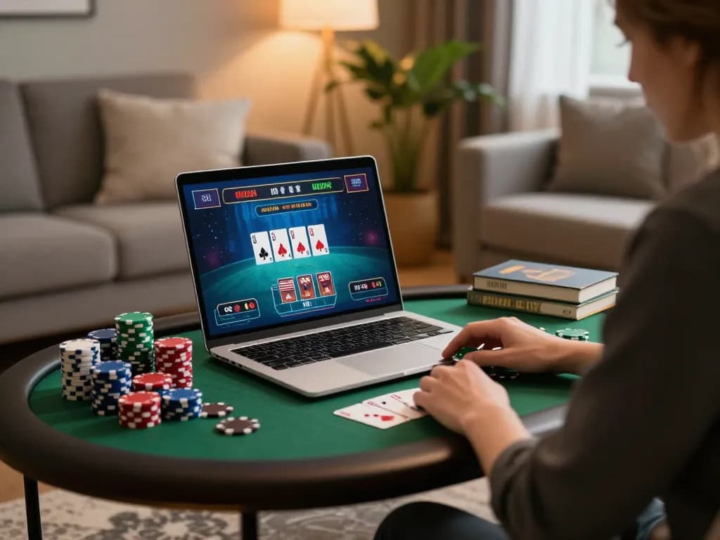 Engaged player using may88sss online casino interface from a cozy home workspace with poker chips.