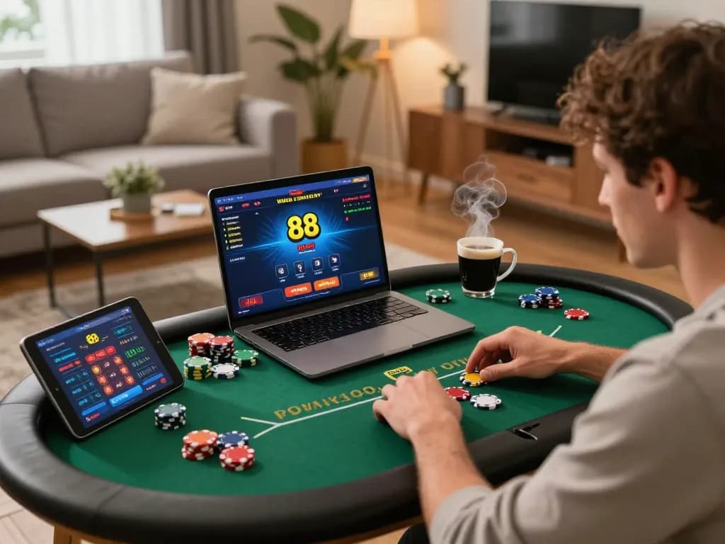 Player engaging with one88 poker game on laptop in a cozy home setting, focusing on strategy and betting.