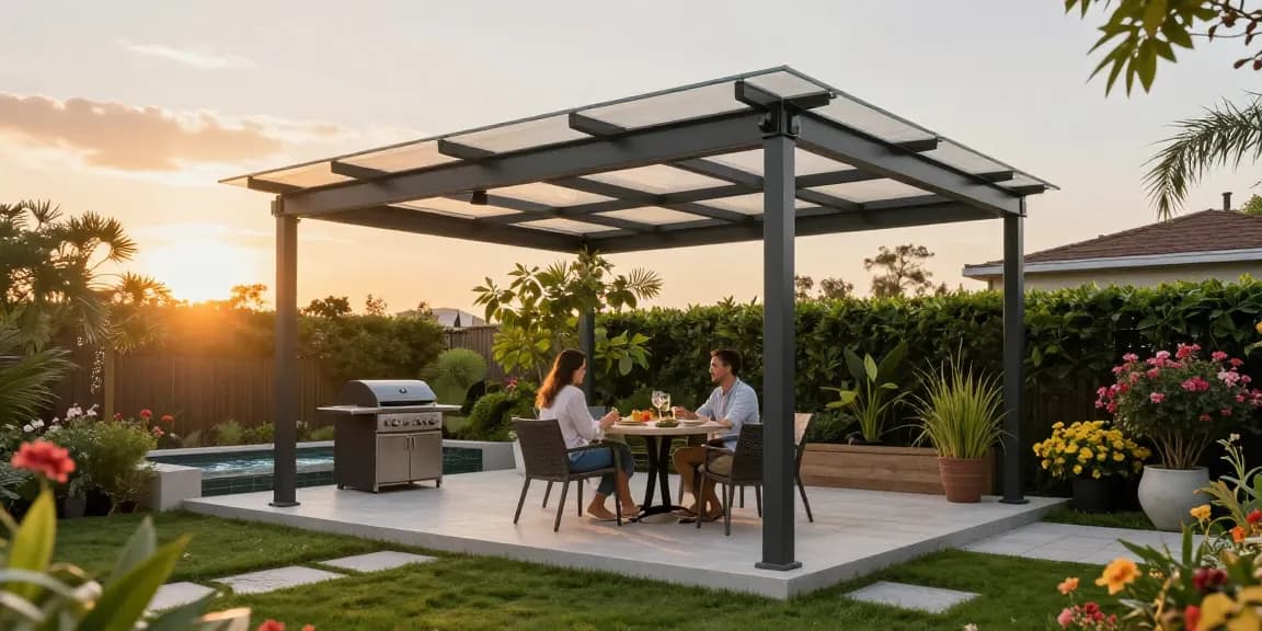 Moderne freistehende Terrassenüberdachung in einer gemütlichen Gartenatmosphäre.