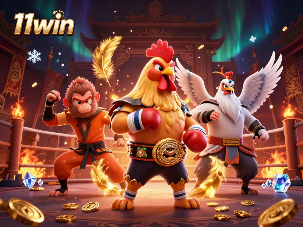 Experience thrilling bets with 11win's dynamic 3D scene featuring martial artists and rich casino elements.