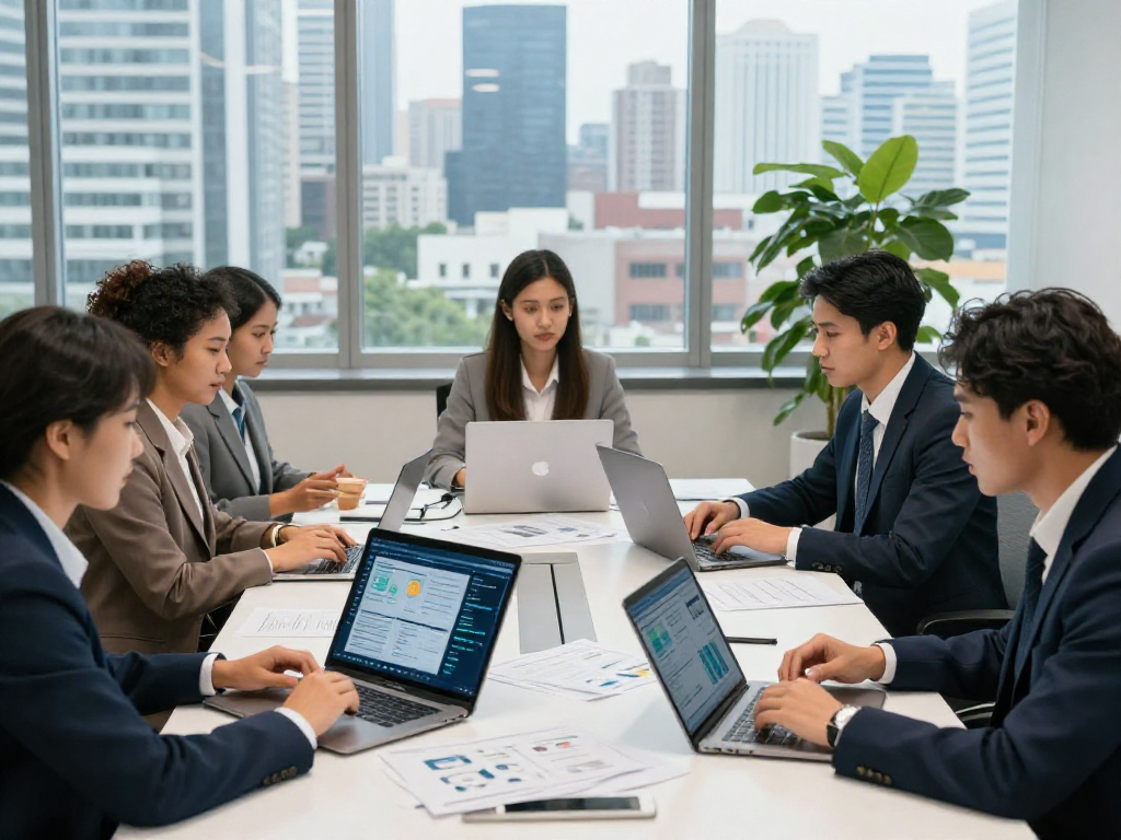 Öffentliche und gemeinnützige Einrichtungen Kommunen: Team in modernem Büro diskutiert Datenschutz und Barrierefreiheit.