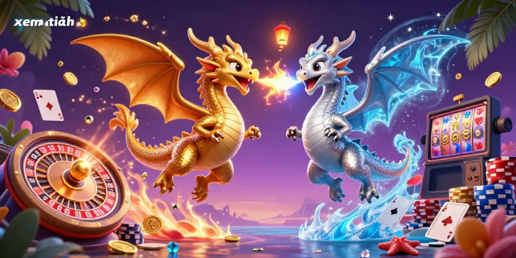 Witness twin 3D cartoon dragons battling with fire and ice, a dazzling gaming scene showcasing xem thêm amidst coins and cards.