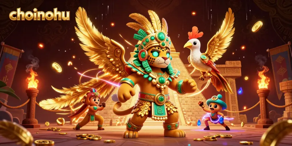 Experience choinohu's vibrant atmosphere with a jaguar priest and a quetzal bird in a dynamic casino setting.