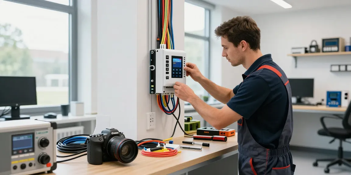 EB Elektrotechnik Dortmund: Fachmann installiert moderne Smart-Home-Lösungen in sauberem Arbeitsbereich.