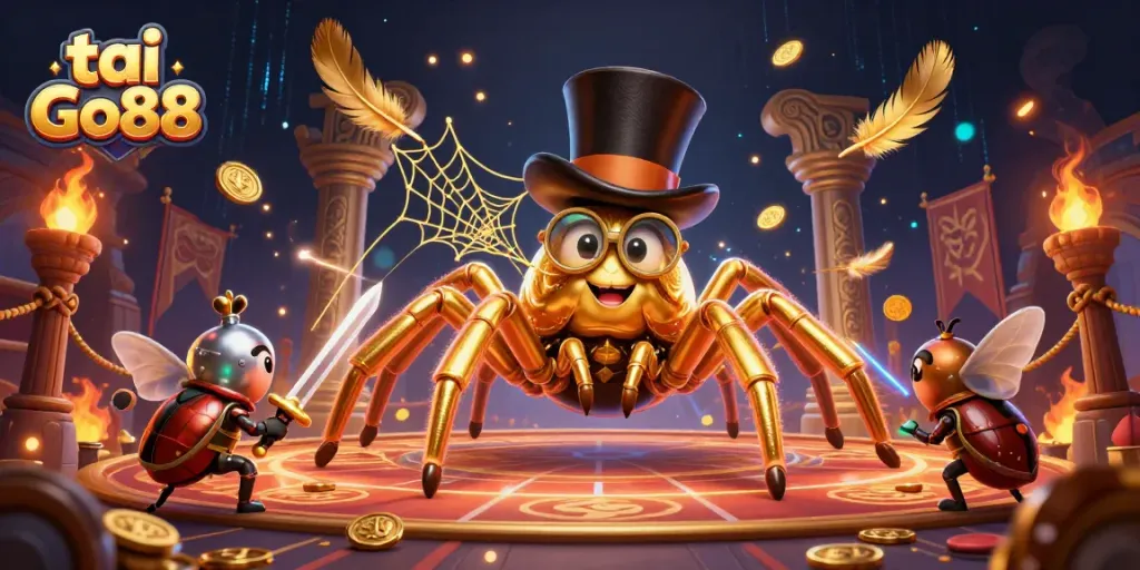 Engage with tai Go88's vibrant gameplay featuring a golden tarantula and a beetle knight in a casino arena.