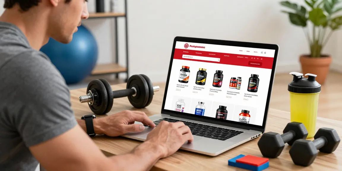 Aktivmann beim Durchstöbern des Astera Shop für Steroide und Fitnessprodukte in modernem Home Gym.