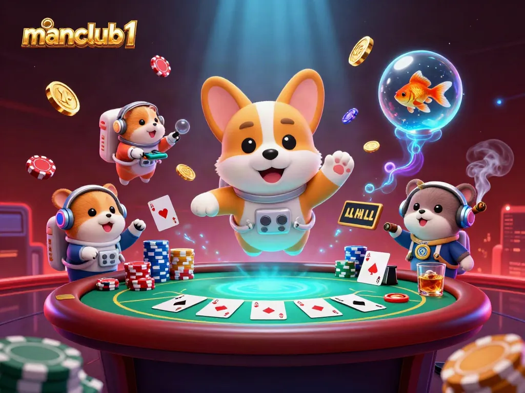 Play poker and win big with manclub1 in a vibrant casino-themed illustration.