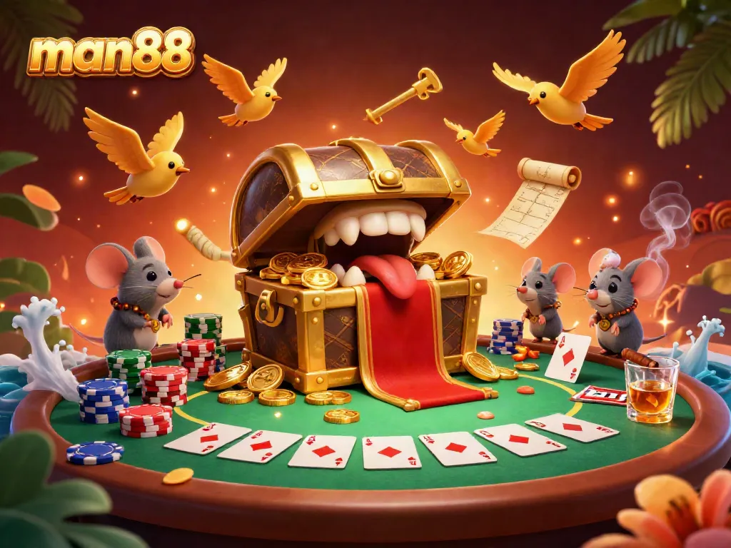 Experience man88's thrilling gaming adventure with golden treasures and poker excitement.