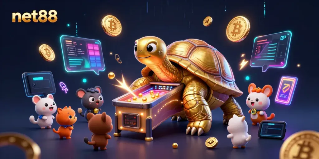 Play net88 casino games with a whimsical golden tortoise pinball machine amidst vibrant crypto elements.