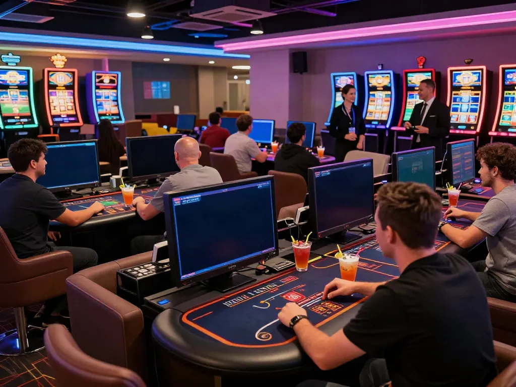 Engaged players at TA88 gaming lounge enjoying vibrant online gambling experience.