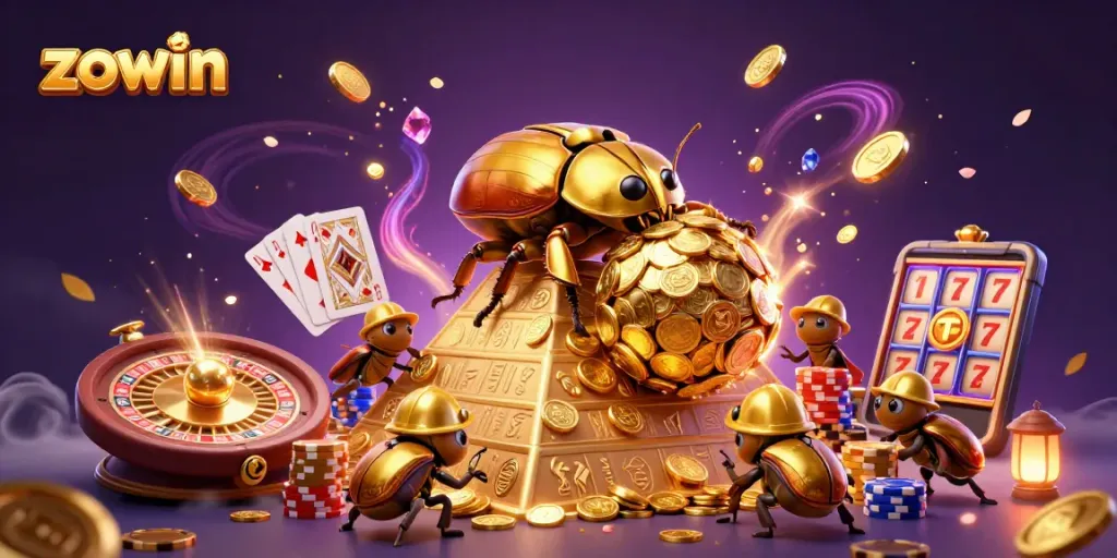 Experience the excitement of zowin with a golden dung beetle rolling coins in a vibrant casino scene.