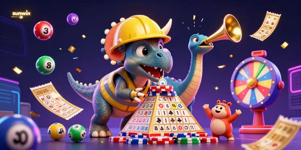 Engage with sunwin's exciting games as a fun triceratops builds poker chip towers in celebration.