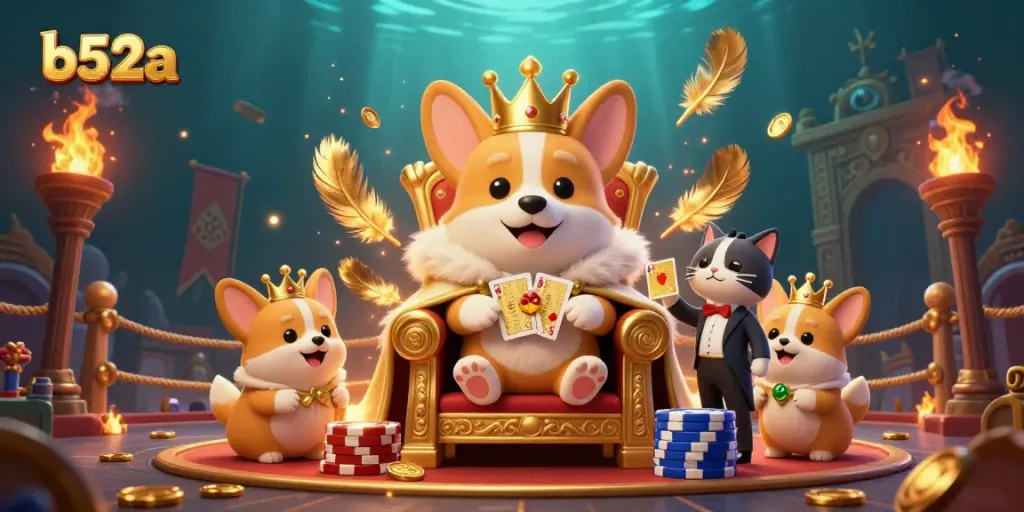B52A players engage with a vibrant casino scene featuring a royal corgi, dynamic betting tokens, and colorful game elements.