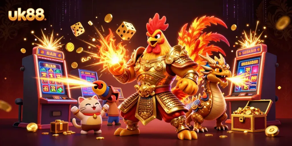 Experience the excitement of winning with uk88's dynamic casino scene featuring iconic characters and casino symbols.
